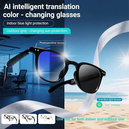 AI Smart 5.4 Bluetooth Glasses with Open Ear Speaker, Voice Assistant Compatible,Real-Time Translation,Auto Color-Changing Lenses for Business&Outdoor Activities.