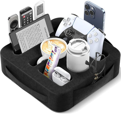 Couch Cup Holder Pillow, Sofa and Bed Caddy for iPad, Kindle, Switch, Game Controller, Remotes, Phones, Small-Sized Cup and Drink Holder for Couch, Bed, Desk, Car, Beach, Bathroom Cup Holder, Black