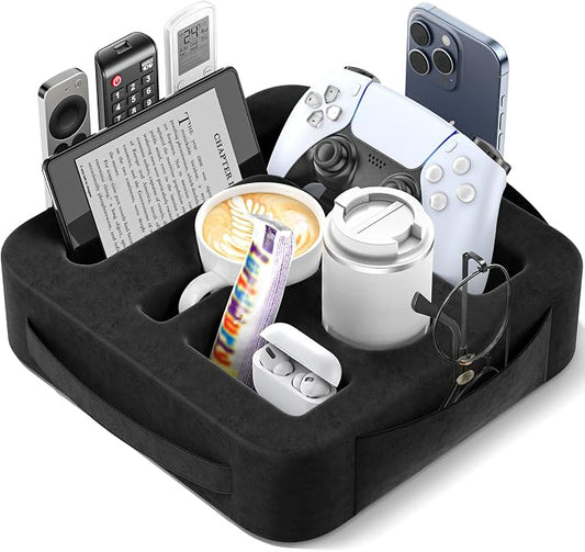 Couch Cup Holder Pillow, Sofa and Bed Caddy for iPad, Kindle, Switch, Game Controller, Remotes, Phones, Small-Sized Cup and Drink Holder for Couch, Bed, Desk, Car, Beach, Bathroom Cup Holder, Black