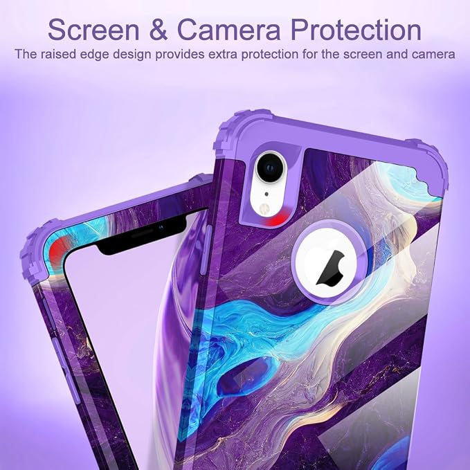 Hocase for iPhone XR Case, Heavy Duty Shockproof Protection Soft Silicone Rubber+Hard Plastic Bumper Hybrid Dual Layer Protective Case for iPhone XR (6.1-inch Display) 2018 - Blue Purple Marble