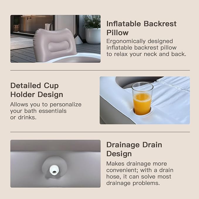Inflatable Bathtub with Electric Air Pump and Bath Pillow - Portable Bathtub with Zippered Lid and Cup Holder Suitable for Indoor and Outdoor Use