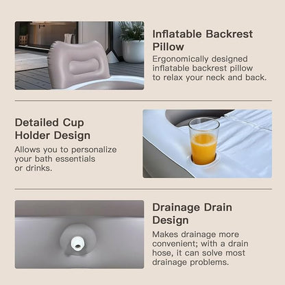 Inflatable Bathtub with Electric Air Pump and Bath Pillow - Portable Bathtub with Zippered Lid and Cup Holder Suitable for Indoor and Outdoor Use