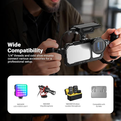 NEEWER Phone Cage Compatible with iPhone 17 Only, Quick Release Video Rig Stabilizer Accessories Kit with 67mm Filter Ring, 17mm Lens Backplate, T Mount Adapter, Camera Control Cap, PA158 (Black)