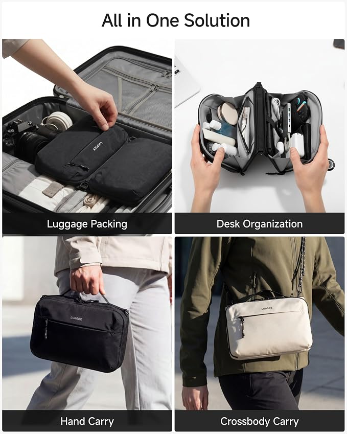 LUGGEX Electronics Organizer Travel Case, Tech Pouch with Crossbody Strap | Magnetic Design, Dual Accessories Bag, Straps, Hooks, Front pocket, Water Resistant, Waterproof pocket, CBX01 Beige