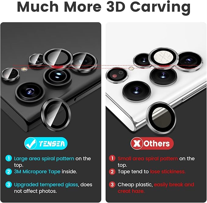 Tensea [3+2PCS for Samsung Galaxy S23 Ultra 5G Camera Lens Protector, 9H Tempered Glass Camera Cover Screen Protector Metal Individual Ring [Installation Tray][Removal tool][Case Friendly]- Black