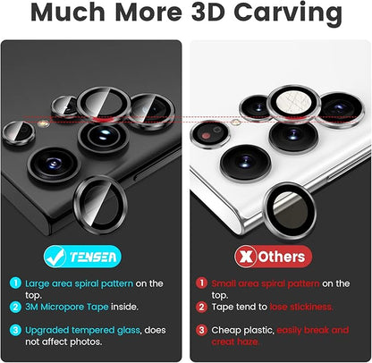 Tensea [3+2PCS for Samsung Galaxy S23 Ultra 5G Camera Lens Protector, 9H Tempered Glass Camera Cover Screen Protector Metal Individual Ring [Installation Tray][Removal tool][Case Friendly]- Black
