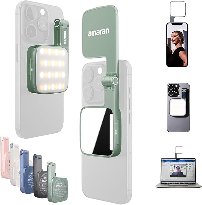 Magnetic Selfie Phone Light,Amaran Go Dual LED Light Source with Adjustable Mirror Light CCT 2700K-6500K,Rechargeable for Selfie,Makeup,Video Conference,TikTok,for iPhone & Android (Green)