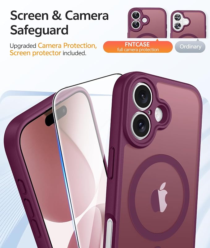FNTCASE for iPhone 17 Case, Compatible with Magsafe, Glass Screen Protector | Full Camera Protection, Translucent Matte, 14FT Military Grade Drop Proof, Shockproof Protective Phone Cover, Wine Red