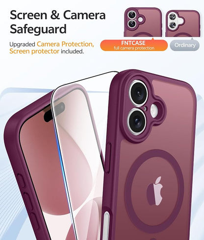 FNTCASE for iPhone 17 Case, Compatible with Magsafe, Glass Screen Protector | Full Camera Protection, Translucent Matte, 14FT Military Grade Drop Proof, Shockproof Protective Phone Cover, Wine Red