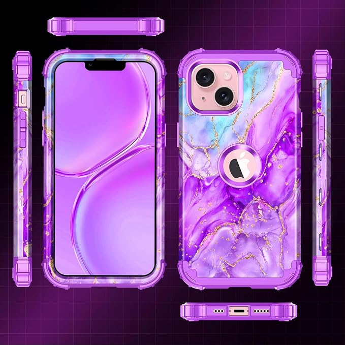 Casetego for iPhone 13 Case,iPhone 14 Case,Three Layer Heavy Duty Sturdy Shockproof Protection Full Rugged Hard PC+Soft TPU Bumper Protective Girls Case for Apple iPhone 13/14 6.1 inch,Bright Purple