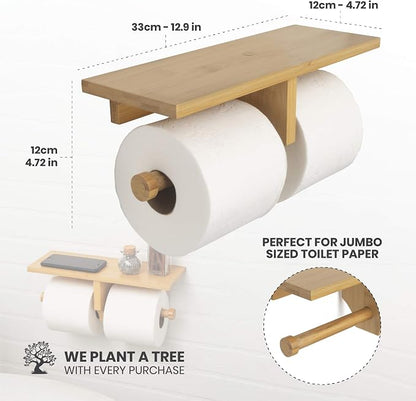 Modern Hanging Wall Mount Natural Bamboo Double Dual Toilet Paper Holder with Convenience Shelf Tray for Toilet Paper, Phone, Plants, Decor, and Other Accessories