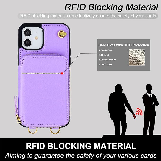 Bocasal Crossbody Wallet Case for iPhone 12/12 Pro, RFID Blocking Leather Purse Case with Card Holder, Protective Handbag Flip Cover with Zipper Wrist Strap Lanyard for Women 5G 6.1 Inch (Purple)