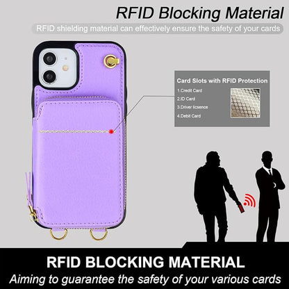 Bocasal Crossbody Wallet Case for iPhone 12/12 Pro, RFID Blocking Leather Purse Case with Card Holder, Protective Handbag Flip Cover with Zipper Wrist Strap Lanyard for Women 5G 6.1 Inch (Purple)