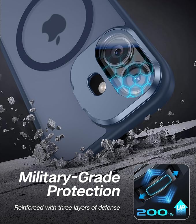 [Upgraded] for iPhone 16 Case with Camera Cover Stand [Fit for MagSafe][9H Camera Lens Protector] Mil-Grade Protection Translucent Matte Silicone Magnetic iPhone 16 Phone Case, Blue