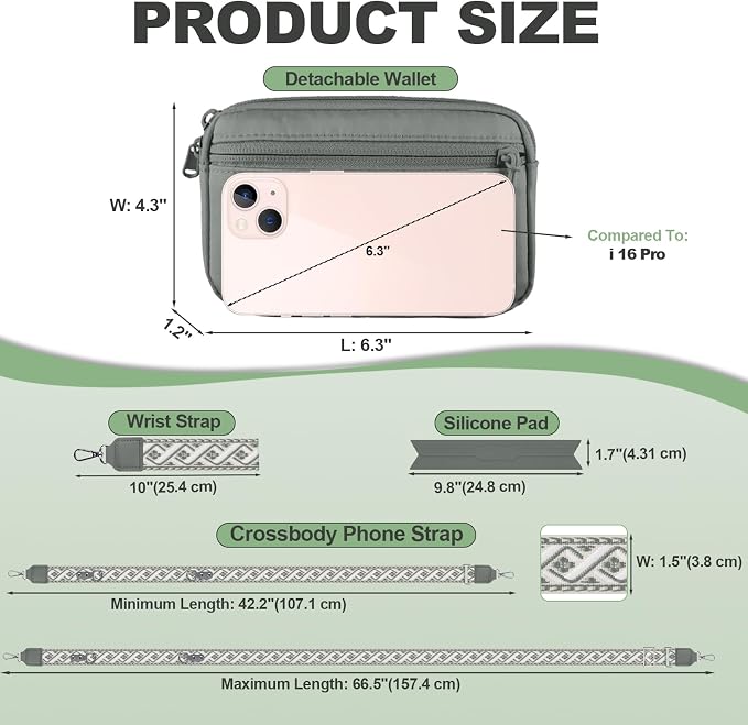 YFWE Clip and Go Strap for Phone with Wallet Crossbody, Adjustable Phone Lanyard with Detachable RFID Wristlet Wallet, Pattern Strap, Grey(M)