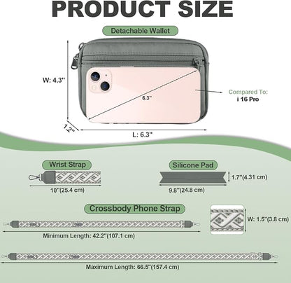 YFWE Clip and Go Strap for Phone with Wallet Crossbody, Adjustable Phone Lanyard with Detachable RFID Wristlet Wallet, Pattern Strap, Grey(M)