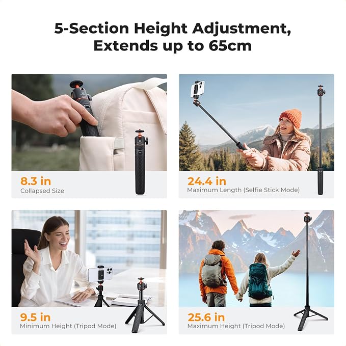 K&F CONCEPT 25.6'' Mini Selfie Stick Tripod Stand, 5 Levels 360° Ball Head Pocket Tripod with Cold Shoe, Small Tripod Compatible with DJI Osmo Pocket 3 Action 5 Pro GoPro Hero13 Smartphone.