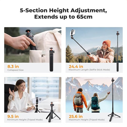 K&F CONCEPT 25.6'' Mini Selfie Stick Tripod Stand, 5 Levels 360° Ball Head Pocket Tripod with Cold Shoe, Small Tripod Compatible with DJI Osmo Pocket 3 Action 5 Pro GoPro Hero13 Smartphone.