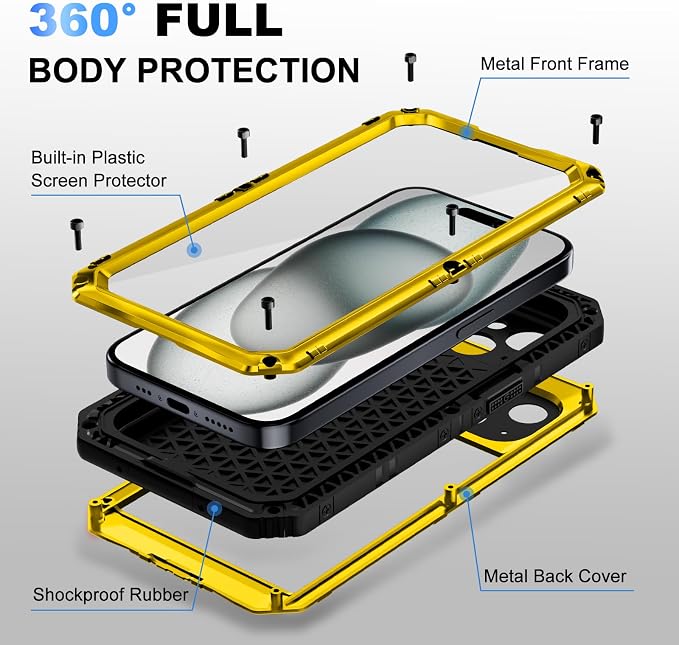 Beasyjoy for iPhone 15 Plus Case Waterproof, Metal Heavy Duty Full Body Protective Case with Built in Screen Protector, Military Grade Shockproof Defender Case for iPhone 15 Plus 6.7", Yellow