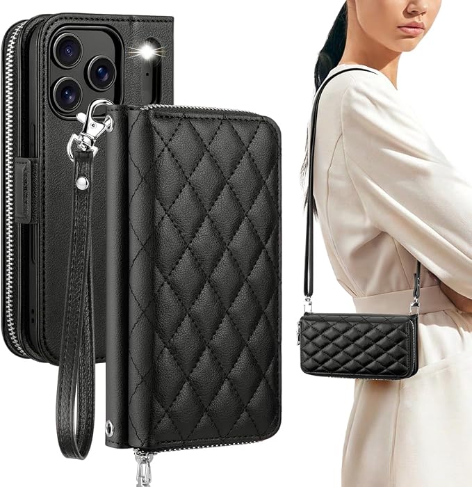 OCASE for iPhone 17 Pro Crossbody Wallet Case - Stylish PU Leather Handbag Phone Purse with Zipper Closure, Card Slots & RFID Blocking - Wrist Strap, Lanyard, Kickstand - Diamond Check Black