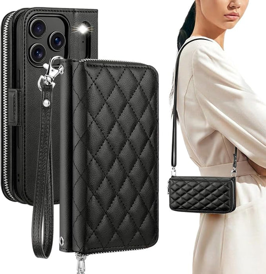 OCASE for iPhone 17 Pro Crossbody Wallet Case - Stylish PU Leather Handbag Phone Purse with Zipper Closure, Card Slots & RFID Blocking - Wrist Strap, Lanyard, Kickstand - Diamond Check Black