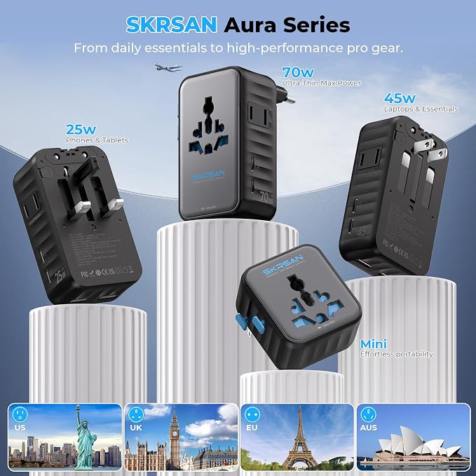 Aura 45W Ultra-Thin Universal Travel Adapter, 36mm Slim 6-in-1 (2C + 2A + 2AC) International Power Plug for Home & Trip, PD Fast Power Converter, Works in 200+ Countries (Midnight Black)