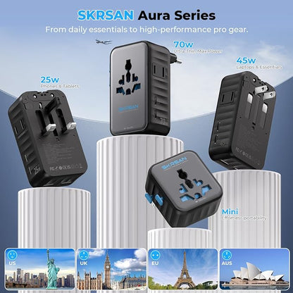 Aura 45W Ultra-Thin Universal Travel Adapter, 36mm Slim 6-in-1 (2C + 2A + 2AC) International Power Plug for Home & Trip, PD Fast Power Converter, Works in 200+ Countries (Midnight Black)