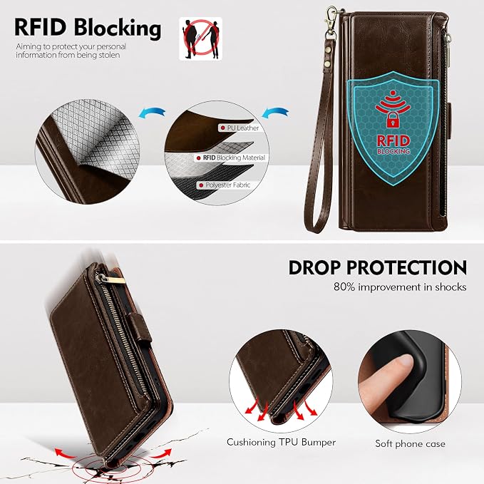 Antsturdy Compatible with iPhone 14 Wallet Case RFID Blocking,PU Leather Phone Case Women Men Flip Shockproof Cover with Wrist Strap Zipper Pocket Credit Card Holder Slots,for Apple 14 6.1" Coffee