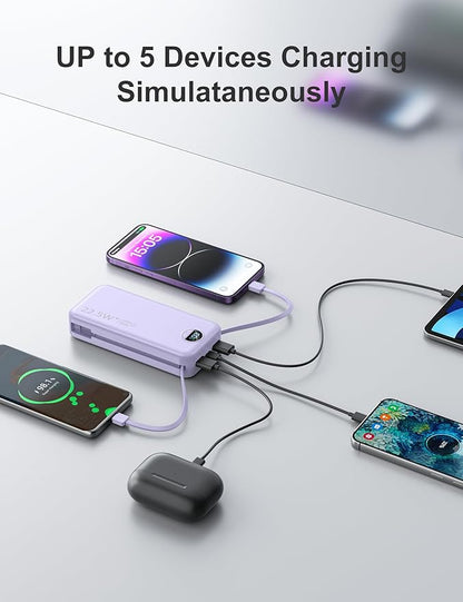 20000mAh Ultra-Portable-Charger-Power-Bank with Built in Cables&AC Wall Plug,PD20W USB-C Fast Charging Cell Phone Charger Battery Pack,LED Display Travel Battery Bank for All iPhone,Samsung,Android