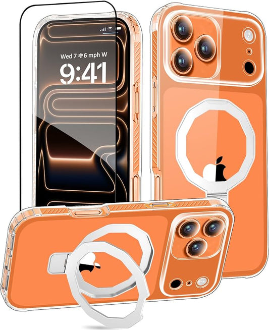 for iPhone 17 Pro Case with Screen Protector, Built-in Seamless Stand, [Compatible with MagSafe] Protective Shockproof Phone Case, Magnetic Cover for iPhone 17Pro 6.3 Inch - Clear