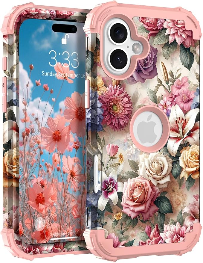 Hocase for iPhone 17 Case 6.3", Heavy Duty Shockproof Protection Soft Silicone Rubber+Hard Plastic Bumpers Hybrid Protective Case for iPhone 17 2025 - Rose Flowers