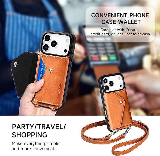 LUCKYCOIN for iPhone 17 Pro Crossbody Wallet Case – Genuine Leather Phone Purse with Adjustable Strap and Card Holder,Lanyard Phone Purse Case for Women,Vintage Brown