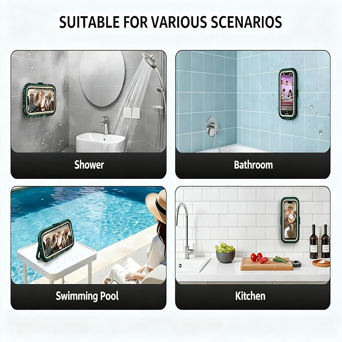 Shower Phone Holder Waterproof, 360° Rotatable Adjustable Retractable Shower Phone Case Holder, Bathroom Wall Phone Mount Stand, Touchscreen Anti Fog Shower Phone Case for 4-7" Cellphones (Green)
