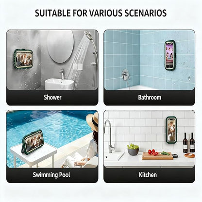 Shower Phone Holder Waterproof, 360° Rotatable Adjustable Retractable Shower Phone Case Holder, Bathroom Wall Phone Mount Stand, Touchscreen Anti Fog Shower Phone Case for 4-7" Cellphones (Green)