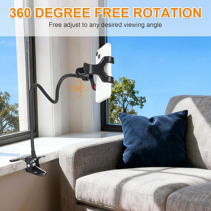 Gooseneck Phone Holder for Desk,Clip On Phone Holder for Bed,Flexible Long Arm Lazy Bracket,Cell Phone Stand Mount with Clamp for iPhone 16 Pro Max 15 14 13 X SE Series,for All 4"-7" Cellphone