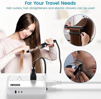 BESTEK 220v to 110v Converter with USB C 35w, 300W AC Peak Voltage Converter US to Europe, Universal Travel Adapter for Hair Straightener/Curling Iron with EU UK FR DE ES AU Adapter[Quieter Version]