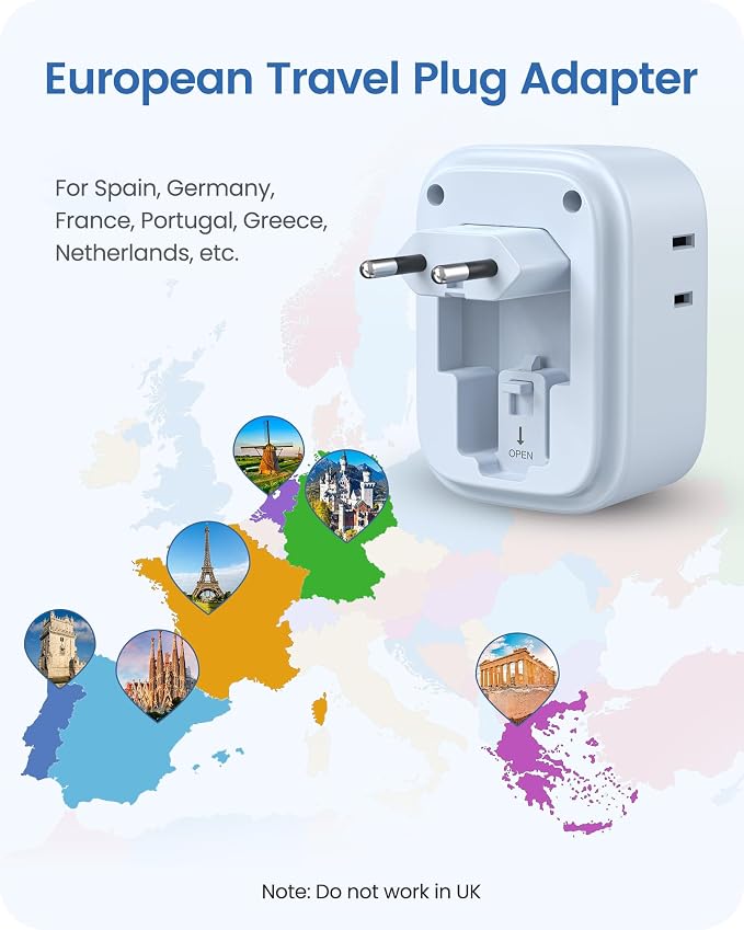 LENCENT European Travel Plug Adapter US to Europe Type-C Foldable Plug | with 4 Outlets 4 USB Ports (2 USB C), Power Adaptor for USA to EU Euro Iceland Spain Italy France Germany Greece, Blue