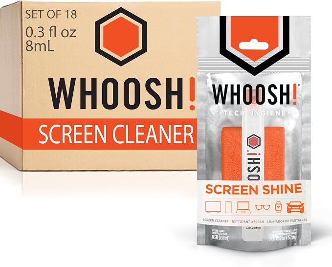WHOOSH! Screen Shine Pocket 0.3 fl oz [Set of 18] Powerful Computer Screen Cleaner for Car, Laptop, Phone & Eyeglasses – Streak-Free Spray and Wipe, Sleek Leak-Free Bottle with Microfiber Cloth