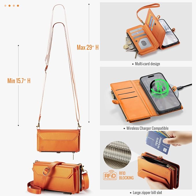 Strapurs Wallet Case Compatible with iPhone 17 6.3" RFID Blocking 9-Card Holder Soft PU Leather Magnetic Snap Shoulder Strap Zipper Pocket Phone Case Fit for iPhone 17 for Women - Orange