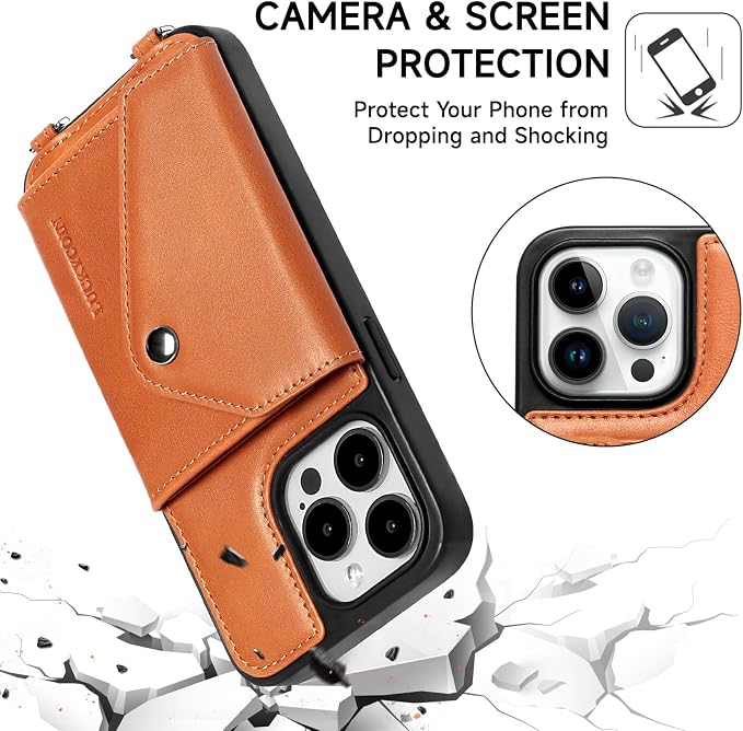 LUCKYCOIN for iPhone 14 Pro Max Crossbody Wallet Case – Genuine Leather Phone Purse with Adjustable Strap and Card Holder,Lanyard Phone Purse Case for Women,Vintage Brown