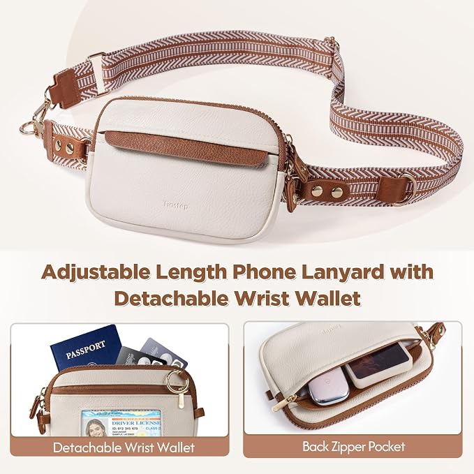 Tiostep Clip and Go Strap for Phone with Wallet Crossbody Phone Lanyard Adjustable and Anti-Theft Leather Purse with RFID Zipper Pouch for Travel Daily Life. Medium White-Brown