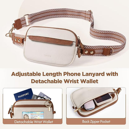 Tiostep Clip and Go Strap for Phone with Wallet Crossbody Phone Lanyard Adjustable and Anti-Theft Leather Purse with RFID Zipper Pouch for Travel Daily Life. Medium White-Brown