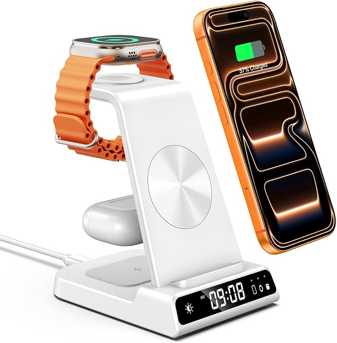 Wireless Charger for iPhone 17, 3 in 1 Charging Station for Apple Watch Watch 11/10/9/8/7/6/5, Ultra 3/SE 3, for iPhone 17/16/15/14/13/12/11/X Series, for Air Pods Pro 3/4/Pro 2/3/Pro (No Adapter)