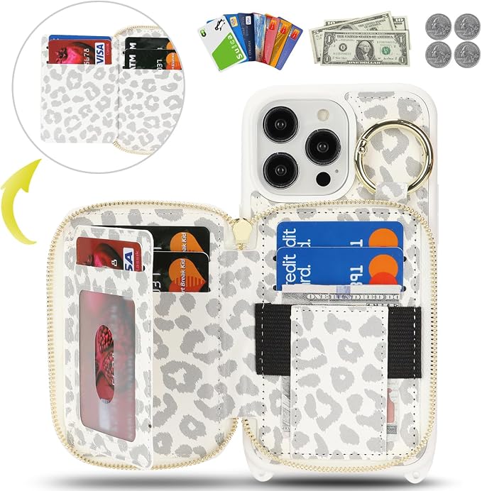 Crossbody Wallet Case for iPhone 14 Pro Max, PU Leather Zipper Handbag Purse Flip Cover, Kickstand Folio Case with Card Slots Holder Wrist Strap Lanyard 5G 6.7 Inch-White Leopard