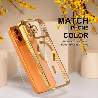 Misea Magnetic for iPhone 17 Pro Case Compatible with MagSafe [Never Yellowing] [Military Grade Drop Protection] Full Camera Lens Protector Plating Soft Clear Phone Case for Women, Gold