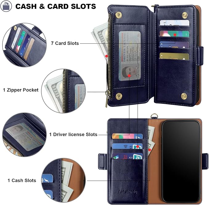 Antsturdy Compatible with iPhone 16 Plus Wallet Case,RFID Blocking PU Leather Phone Case Women Men Kickstand flip Cover Wrist Strap Zipper Credit Card Holder Slots for Apple 16 Plus 6.7",Dark Blue