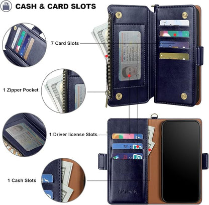 Antsturdy Compatible with iPhone 16 Plus Wallet Case,RFID Blocking PU Leather Phone Case Women Men Kickstand flip Cover Wrist Strap Zipper Credit Card Holder Slots for Apple 16 Plus 6.7",Dark Blue
