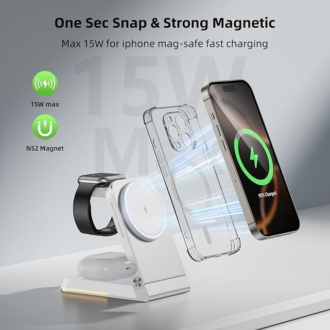 Foldable Wireless Charger 3 in 1 - Magnetic Wireless Charging Station for Apple Magsafe Charger Stand with Light,Aluminum Portable Travel Charger Dock for iPhone 17/16/15/14/13/12,Apple Watch,AirPods