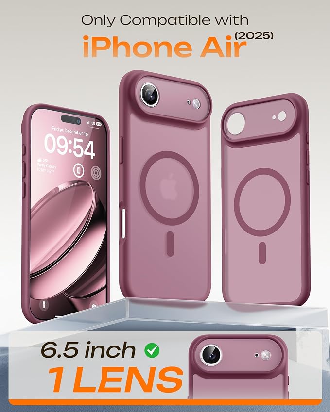TOCOL for iPhone Air Case, Compatible with Magsafe Charger, Full Camera Protection, Drop Protection, Translucent Matte Phone Case for iPhone 17 Air 6.5 inch (Plum)