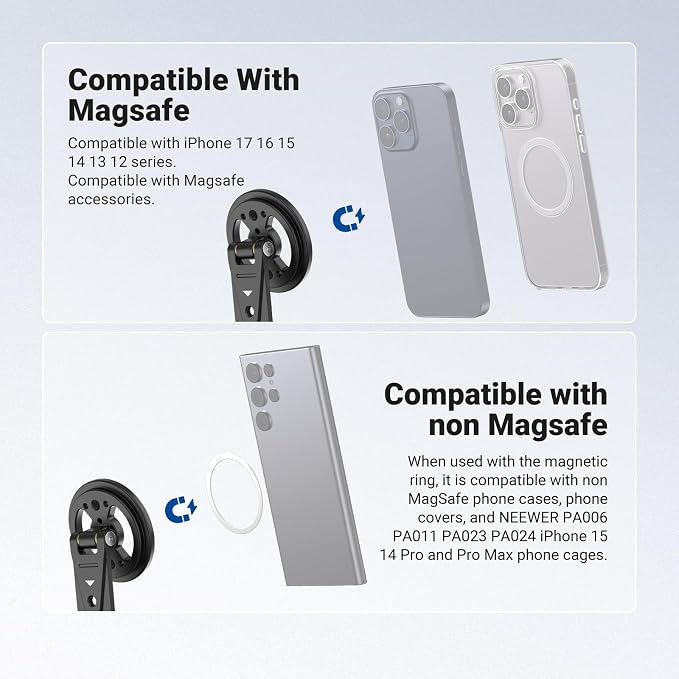 NEEWER Magnetic Phone Tripod Mount Compatible with MagSafe iPhone Samsung, Metal Adjustable Rotatable Cellphone Holder Adapter w/Cold Shoe for Tripod Mounting Camera Monitoring Video Recording, DS031